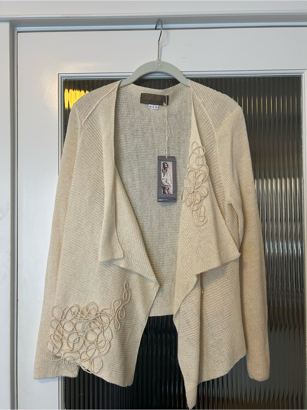 NWT Zuza Bart Cream Open-Front Women's Linen Sweater Cardigan with Appliqué